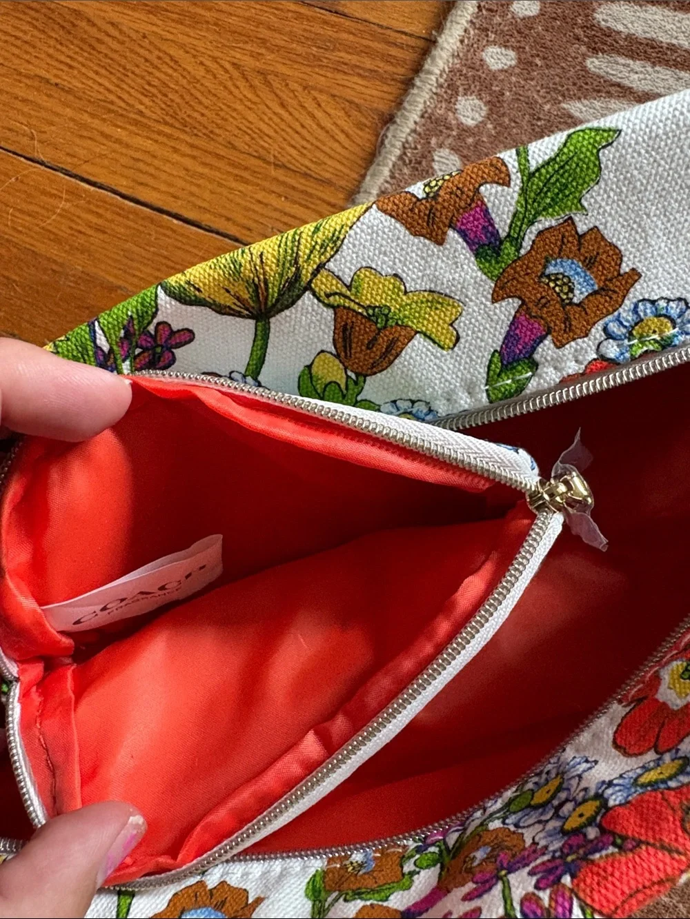 Coach Floral Canvas Cosmetic Pouch in White with Red, Purple & Yellow Blooms